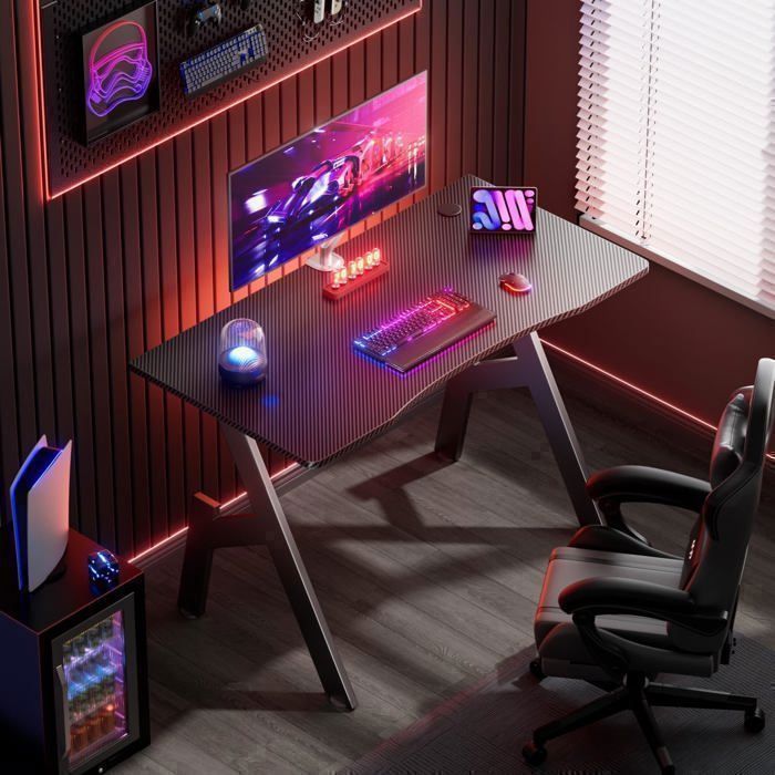 Bureau Gamer HLONONE 100x50cm - Plateau Fibre Carbone, Passe-Câbles | Bureau Gaming Ergonomique Noir
