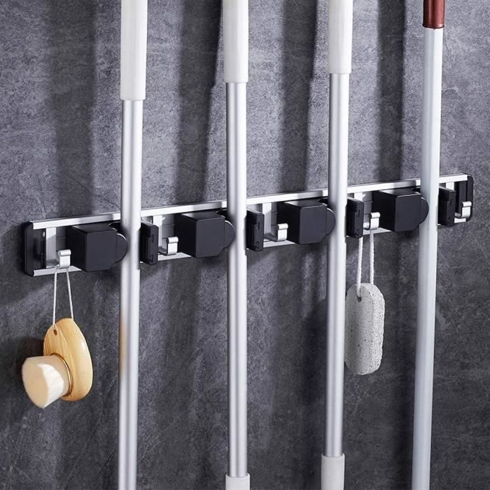 Porte-Balai Mural QWORK - Lot De 5 Supports En Acier Inox - Pour Balai, Vadrouille Et Outils - Max 10kg
