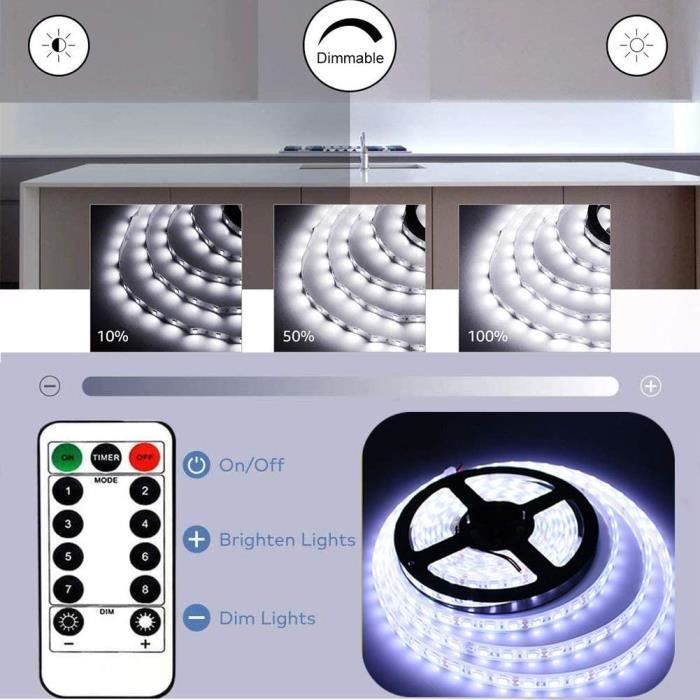 Ruban LED Alimenté par pile, 2m 60 LEDs Bande Batterie avec Télécommande  IR, 8 Modes, Dimmable (Blanc froid, 60 LED),[Z174] - Cdiscount Maison