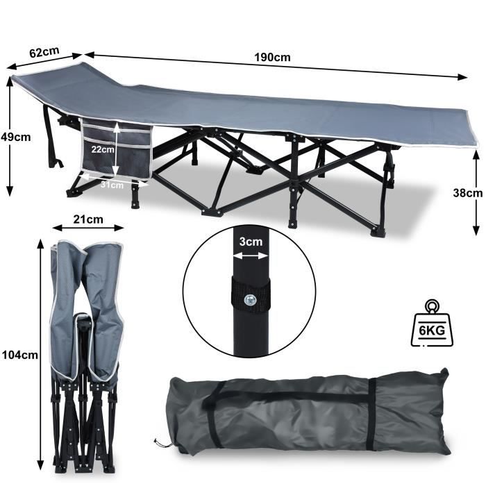Lit De Camping Pliable Pour Adulte - Poids Max 150 Kg, Léger (2,2 Kg) - Avec Sac De Transport - Pour Camping, Jardin, Voyage