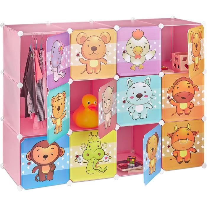 Armoire Enfant Modulable Bleu - Casier De Rangement Avec Portes Animaux - Penderie Et Bibliothèque