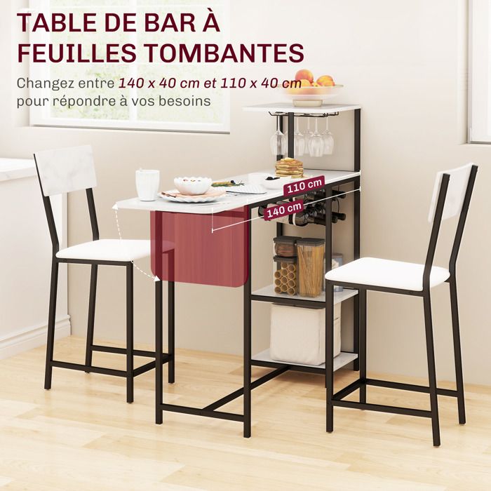 Ensemble Table De Bar Avec 2 Tabourets HOMCOM – Avec étagères, Casier à Vin, Repose-pieds, Effet Bois Naturel - 3