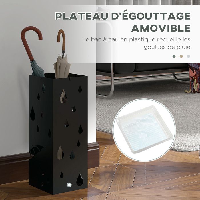 Porte-parapluies Carré Métal Noir Avec Bac Récupérateur D'eau - Design Moderne Pour Entrée Ou Couloir - 16x16x60cm