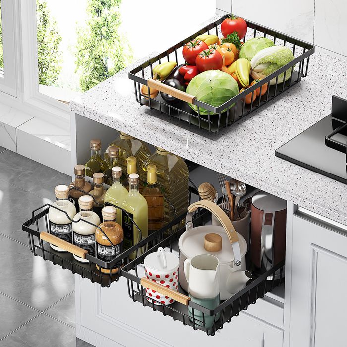 Panier De Rangement Coulissant 2 Niveaux - 37,4x26,5x44 Cm, Noir, Pour Sous évier, Garde-manger, Cuisine