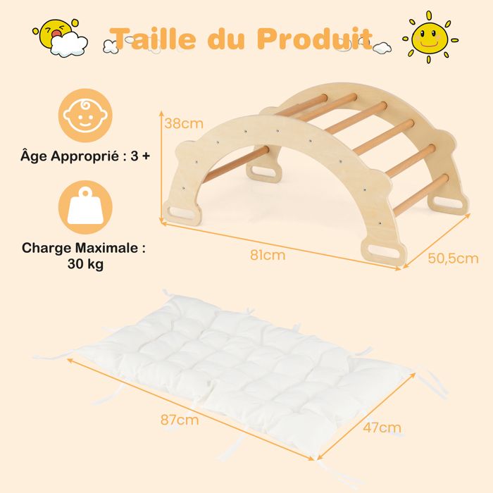 4 en 1 Arche d'Escalade en Bois Enfants avec Coussin Moelleux, Arche à Bascule, Charge 50KG, 3 Ans+ | Leroy Merlin