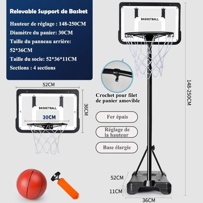 Panier de Basket sur Pied Hauteur Réglable 1,48 à 2,5m avec