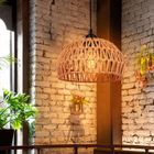 WOTTES E27 Suspension Luminaire Vintage Industrielle Boho, Ø25cm Abat-jour Ronde en Métal Noir et Rotin Lustre Rétro pour Cuisine