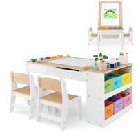 Ensemble Table Enfant avec Chaise 3 en 1 -DREAMADE -Plateau Inclinable - Boîtes de Rangement - Espace de Rangement Interne -Naturel