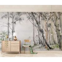 Papier Peint Panoramique Forêt Bambou Noir Et Blanc Sur Mesure Soie 3d Paysage,RéTro Bambou Vert Feuillage Chambre Poster 300x210cm