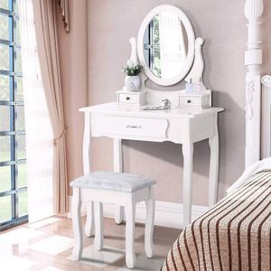 Coiffeuse Blanche Avec Miroir LED Cœur Et Tabouret - 4 Tiroirs, 3 étagères - Bureau Maquillage 80cm - 12