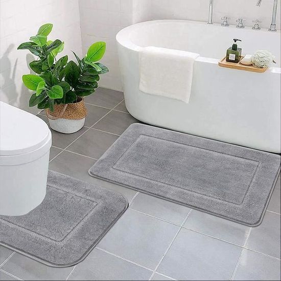 LOKHOM Microfibre Set de Tapis Toilette Antidérapant Absorbants Lavable Tapis de Bain et Contour WC,Grey