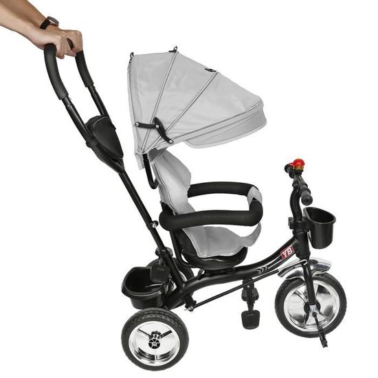 4 en 1 Tricycle Evolutif Poussette Velo Walker avec 3 Roues Pedales Retractables 1 5 Ans. Gris