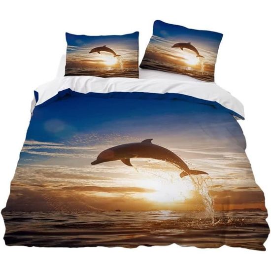 Housse De Couette 3D Dauphin Océan Pour Enfant - 140x200 Cm Avec Taie D'Oreiller - 40% Coton 60% Polyester - Lavable Machine - 8