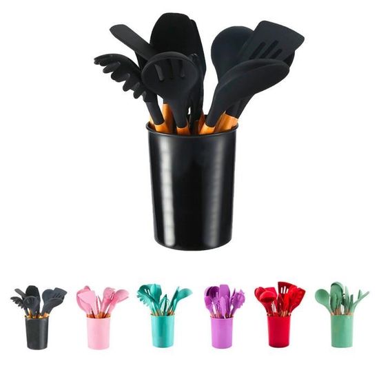 Set Ustensiles Cuisine 12 Pièces KagoLing - Silicone Et Bois, Anti-Rayures Et Chaud