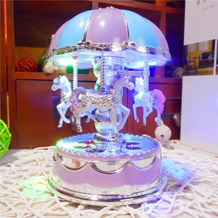 Luxe Carousel Music Box 3 chevaux Rotation et levage automatique LED lumineux lumière Rotation (Violet)