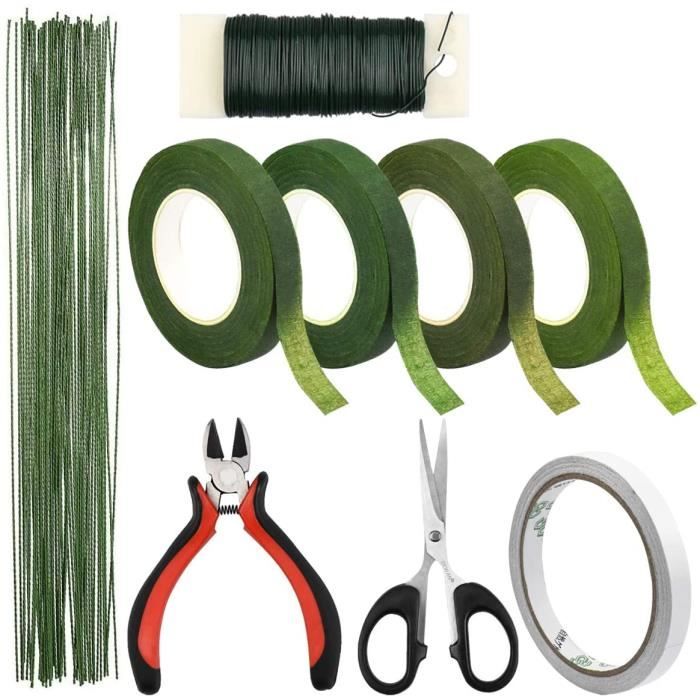 Kit d’Outils d’Arrangement Floral, Ensemble 9pcs Fleuriste Ruban Vert, Fil de Fer Fleur, pour Bouquet Tige Wrap Fleuriste