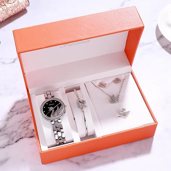 Coffret Montre Femme Bijoux Cygne Quartz Montre Bracelet Collier Anneau Boucles d'oreilles - Etanche Accessoires - Cadeau Pour Femme