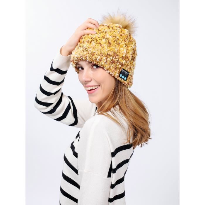 Bonnet Bluetooth avec Pompon pour OPPO Reno 10x Zoom Smartphone avec Ecouteurs Integres Reglage Boutons Universel Hiver (OR)
