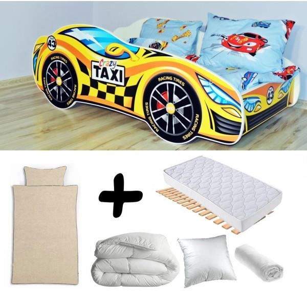 Pack complet Lit enfant Voiture Racing Taxi Jaune = Lit+Matelas & Parure+Couette+Oreiller