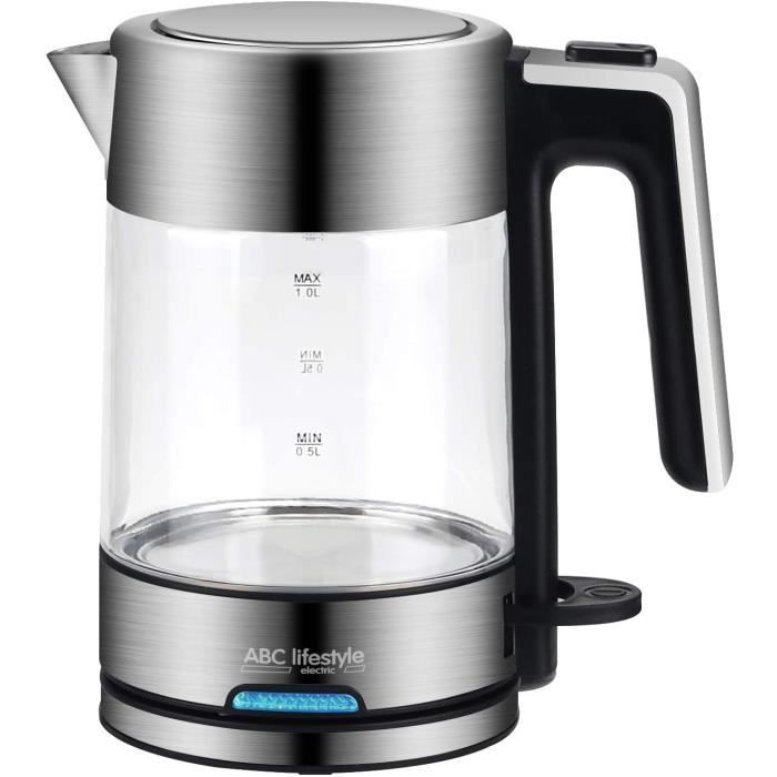 Bouilloire Électrique Verre INOX-1L-Ebullition Rapide- Petit Déjeuner - Arrêt automatique-Sans BPA.