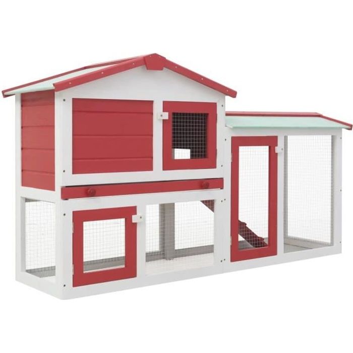 Clapier large d'extérieur Clapier lapin Rouge et blanc 145x45x85 cm Bois