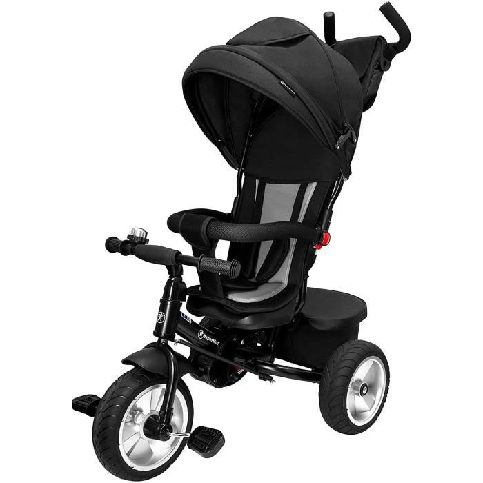 HyperMotion Tricycle Évolutif Enfant 1 à 5ans - Roues Pompées, Repose Pieds, Poussoir Réglable, Design soigné, Poussette Noire