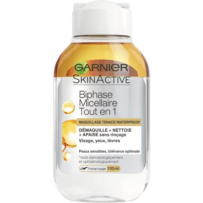 Garnier - SkinActive - Solution Micellaire Biphase Tout en Un - Tous Types de Peaux Même Sensibles - Format Voyage - 100 ml