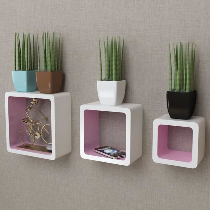 3 Etagères cubes murales en MDF Blanc-Rose pour Livres-DVD