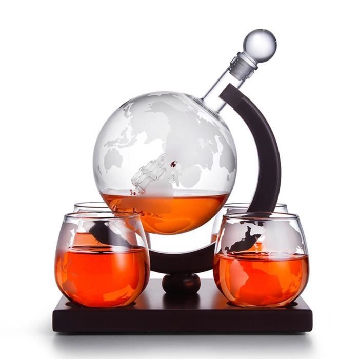 Accessoires bar,Carafe à whisky ensemble Vodka Globe carafe avec 4 verres distributeur d'alcool avec support en bois Bureau à vin