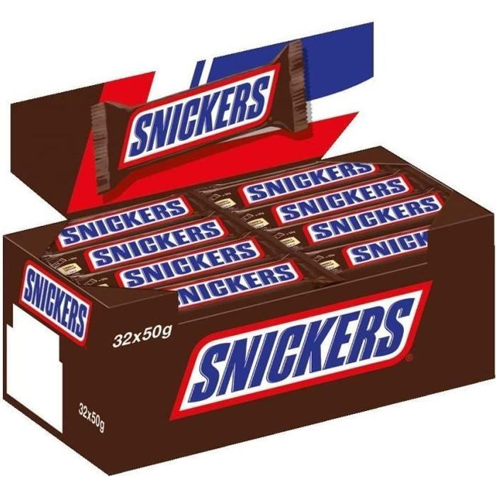 SNICKERS - Barres au chocolat au lait fourrée de caramel et cachuètes grillées - Maxi Pack - 32 barres de 50g