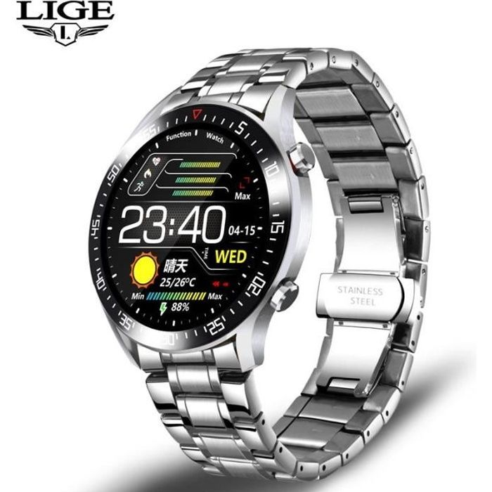 Montre connectée,LIGE sport de luxe montre intelligente hommes IP68 étanche Fitness montre adapté pour - Type S sliver black