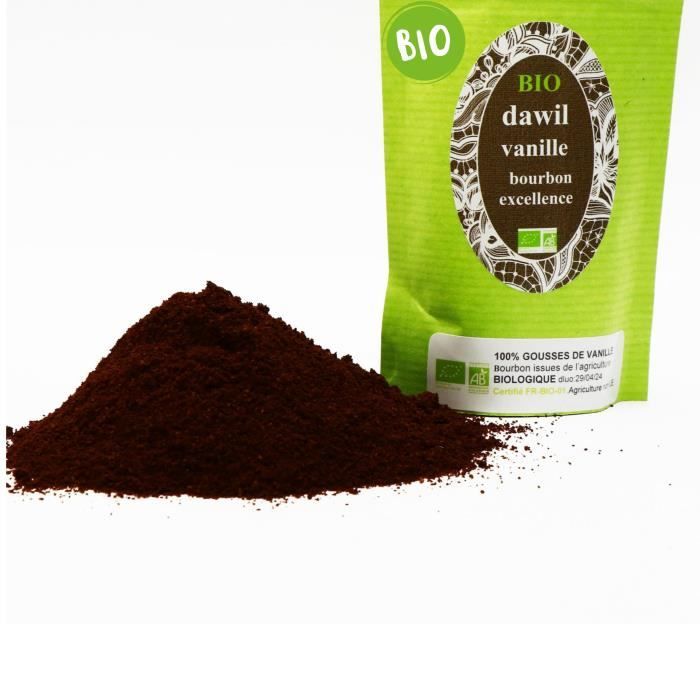 Poudre Vanille pure BIO 20g NON SUCRÉE DAWIL CERTIFIÉE 100% BIOLOGIQUE pour café/pâtisserie/glace/boisson conditionnée en FRANCE