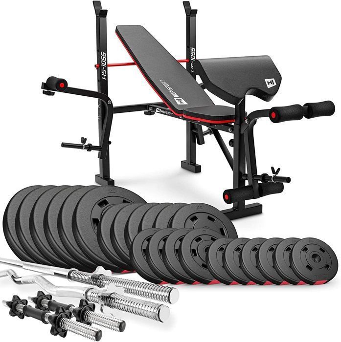 Hop-Sport Banc de Musculation Pliable HS-1055 avec Pupitre de Curl, Papillon et Curler de Jambes avec Set d'haltères - 122 kg