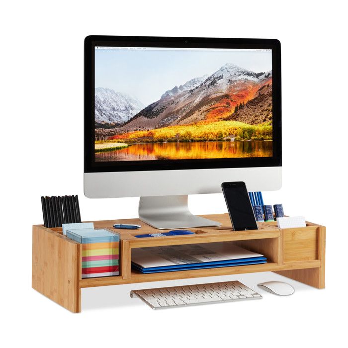 Relaxdays Support de moniteur, Support d’écran bambou, 14 compartiments, Rehausseur ergonomique, HLP 15x65x28cm, naturel -