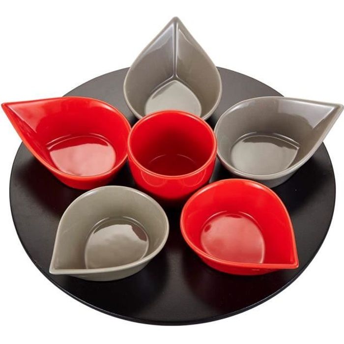 TABLE PASSION - SERVICE APERITIF GOUTTE 7 PIECES ROUGE GRIS - PLATEAU TOURNANT DIAMETRE 32 CM