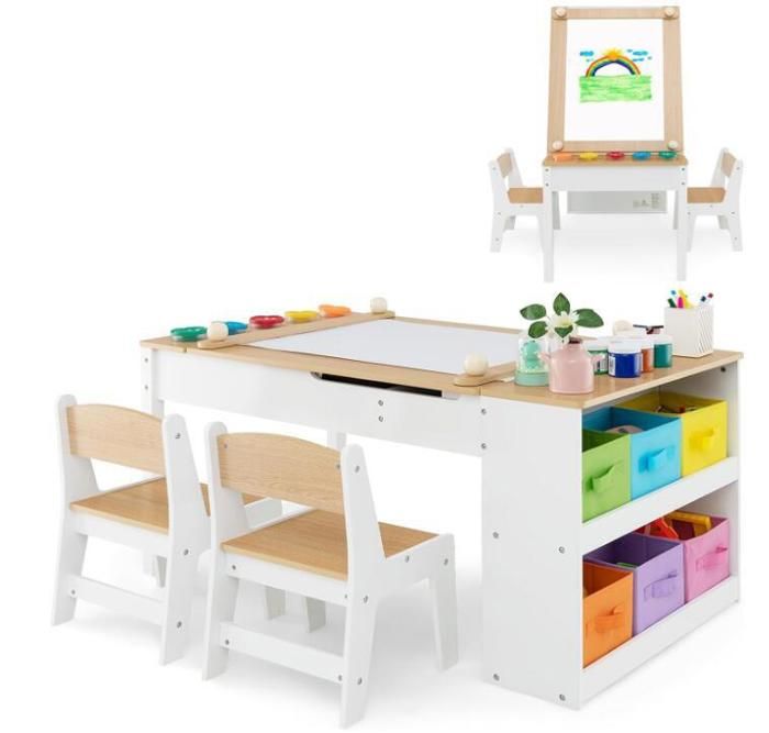 Ensemble Table Enfant avec Chaise 3 en 1 -DREAMADE -Plateau Inclinable - Boîtes de Rangement - Espace de Rangement Interne -Naturel