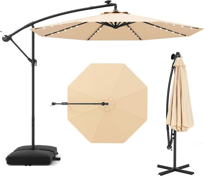 GOPLUS Parasol de Jardin avec 32 Lampes Solaires Parasol Déporté Inclinable Ø300CM avec Pied de Support pour Jardin/Plage Beige