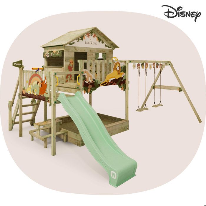 Aire de jeux WICKEY Disney Quest Le Roi Loin– Toboggan 220 cm balançoire & mur d’escalade – Garantie 10 ans*