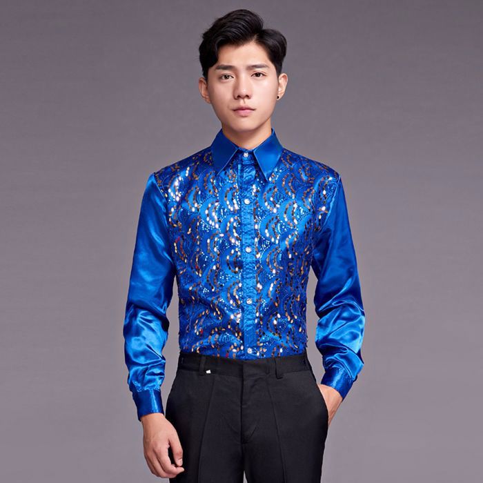 Chemise en Satin Bleu Royal Brcorporelle a Paillettes pour Homme Manches sulf Coupe Cintree Boite de Nuit ix Scene Bal Royal Blue Blanc Cdiscount Pret a Porter