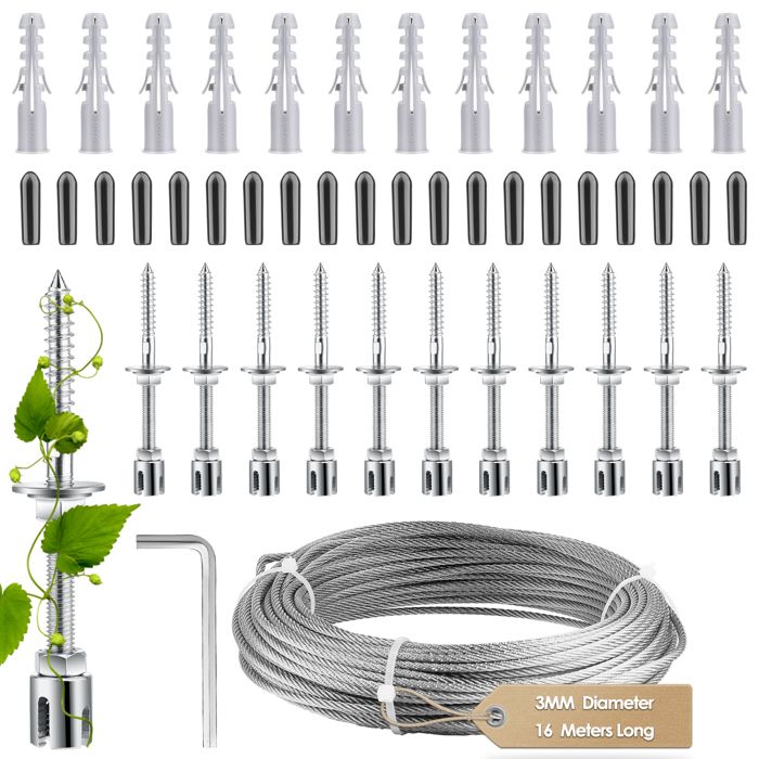 Kotsy Kit Support Treillis Plantes Grimpantes 12m - Corde 3mm Acier Inox + 8 Supports Muraux - Jardin Vertical