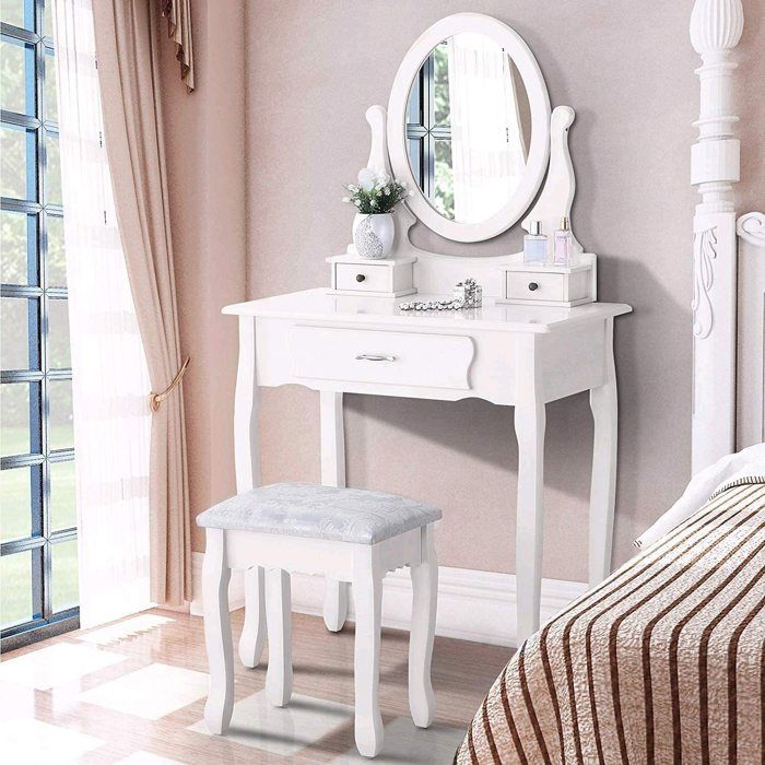 Coiffeuse vintage - Miroir pivotant 360° - 3 tiroirs - Blanc - 75 x 40 x 136 cm