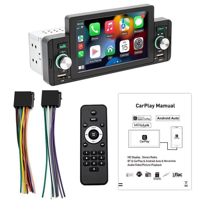 OiLiehu Autoradio 1 Din 5,1 Pouces Avec CarPlay & Android Auto Sans Fil - Bluetooth, Caméra Arrière, Écran Tactile