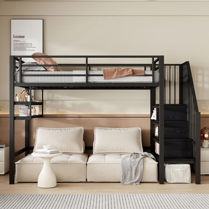 Lit mezzanine 90x200 cm - Noir - Étagères intégrées - Échelle de rangement - Barrière de sécurité