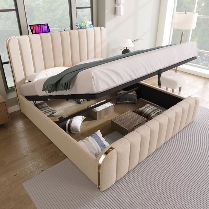 Lit coffre Lit rembourré Double tête de lit rembourrée avec fonction de chargement USB Type-C Lit 140x200 cm Beige