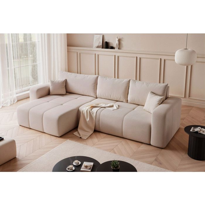 Canapé dangle Réversible PEDRO - 5 places - Convertible avec Coffre - Tissu Velours - Beige