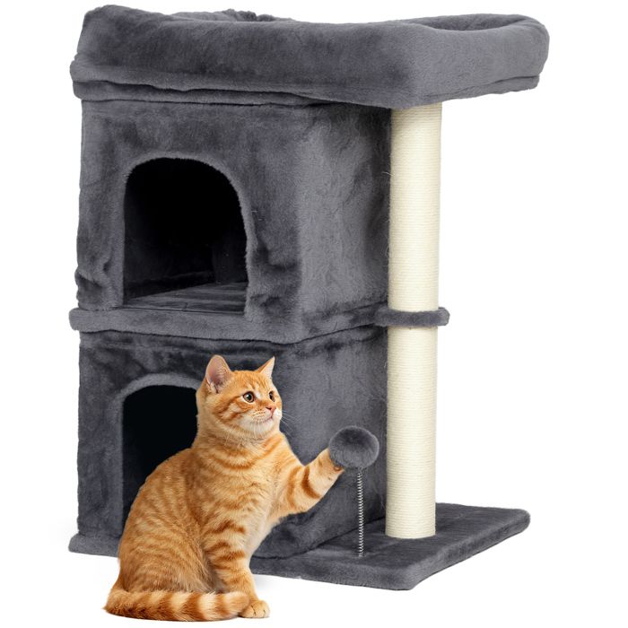 Comparer les prix de Arbre à chat - PawHut - grande plateforme 2 niches et balle en peluche griffoirs en sisal - 45 x 40 x 66 cm - gris foncé