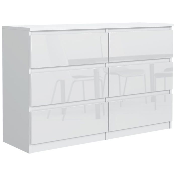 Commode 6 tiroirs - Meblocker - Brillance Blanche 120 cm - Meuble de Rangement Spacieux - Salon Bureau chambre à couche & enfant