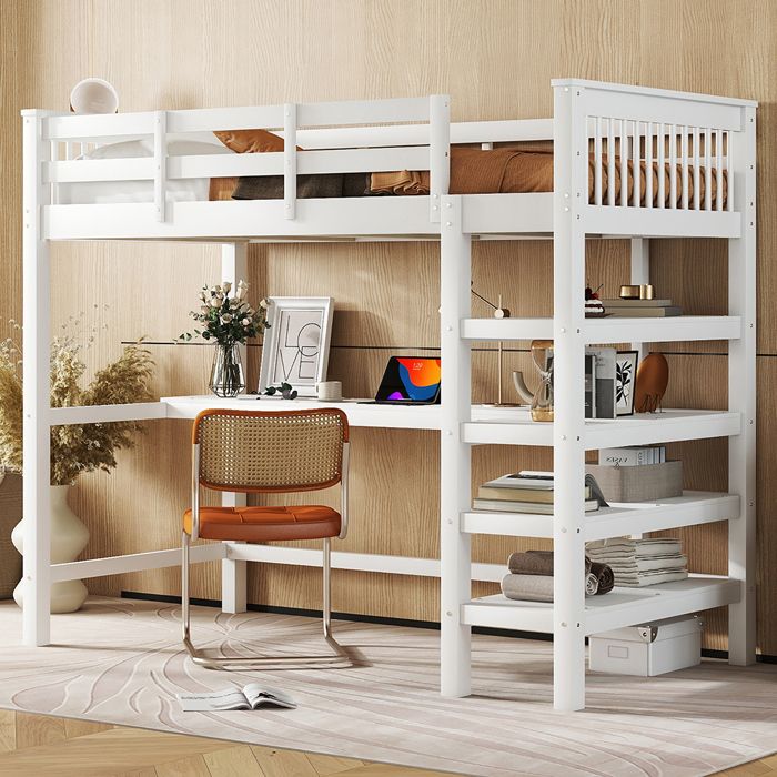 Lit mezzanine enfant 90 x 200 cm avec bureau - étagère de rangement - bois massif de pin - blanc