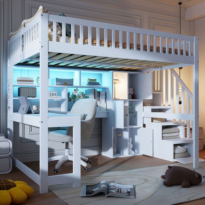 Lit mezzanine 140x200cm avec lumières LED échelle de rangement étagères compartiments de rangement bureau sans matelas blanc