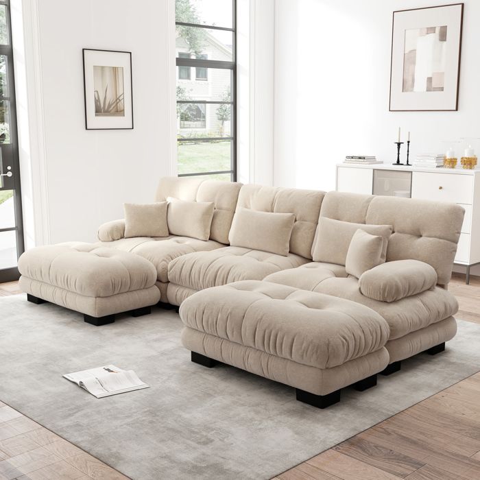 Canapé dangle 3 places avec 5 coussins. canapé en U. chenille. rembourrage en mousse. 313×145×81 cm. beige foncé